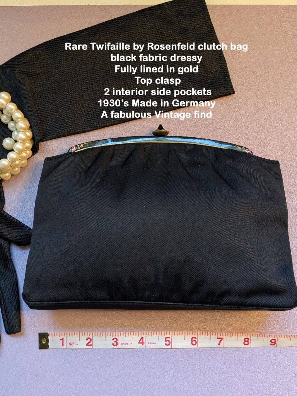 Rare Twifaille by Rosenfeld clutch 1930s, Black fabric, Gold lining, Top clasp